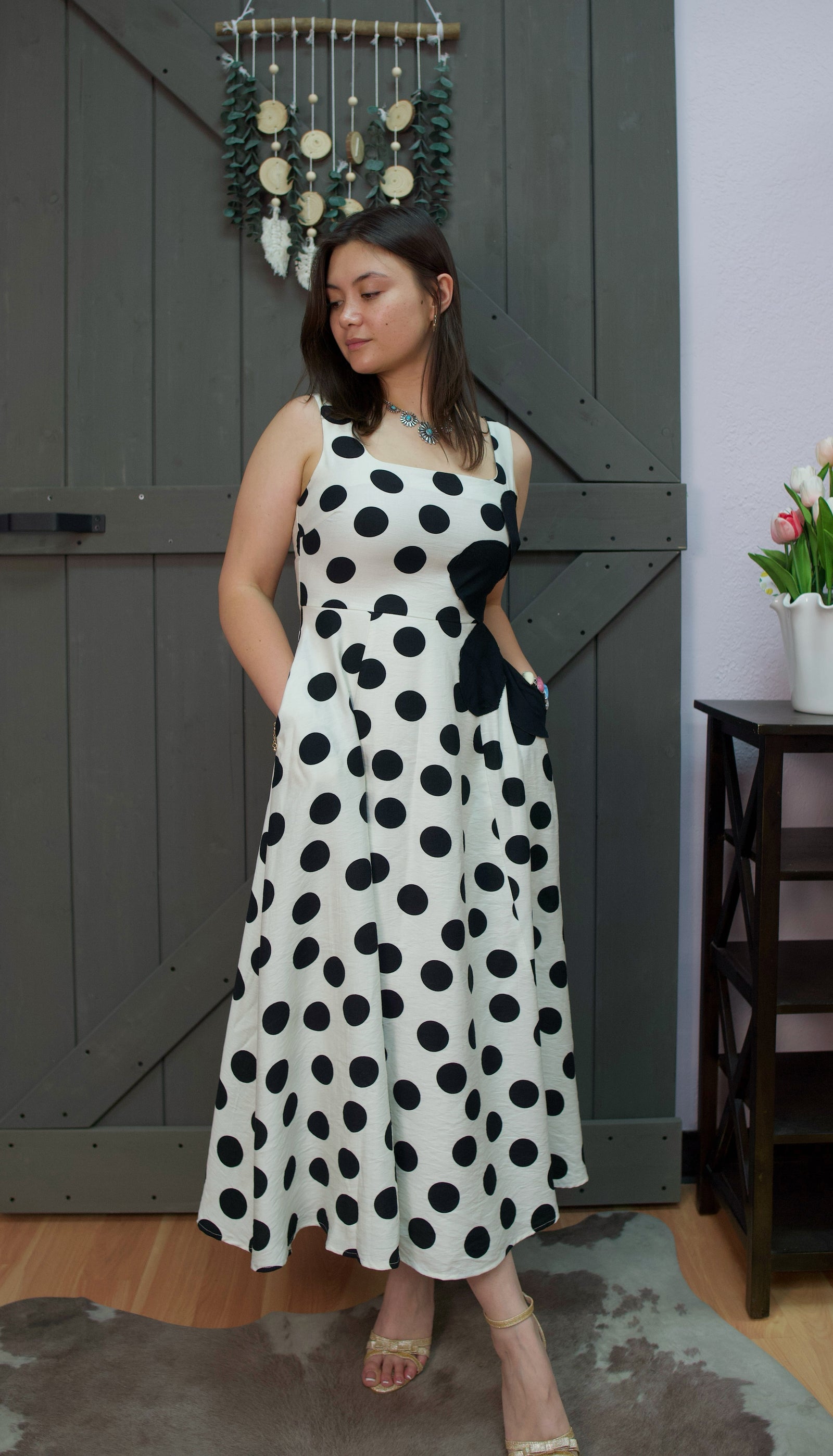 Polka Dot Square Neck Flared Midi Dress