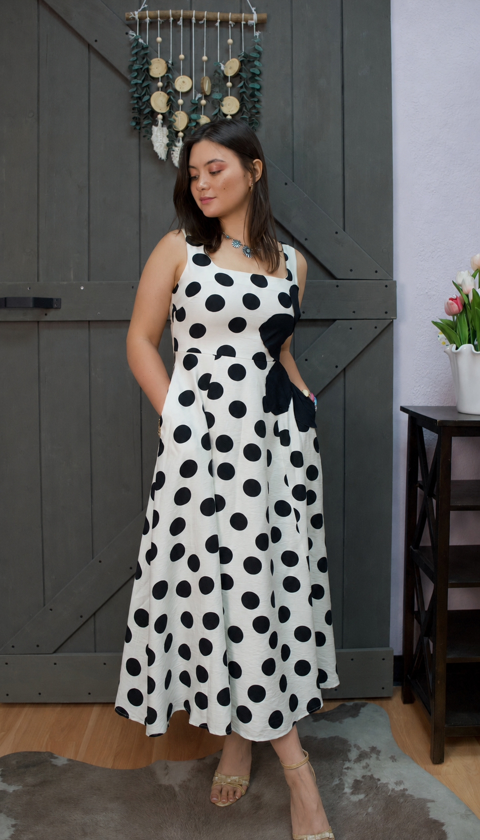Polka Dot Square Neck Flared Midi Dress