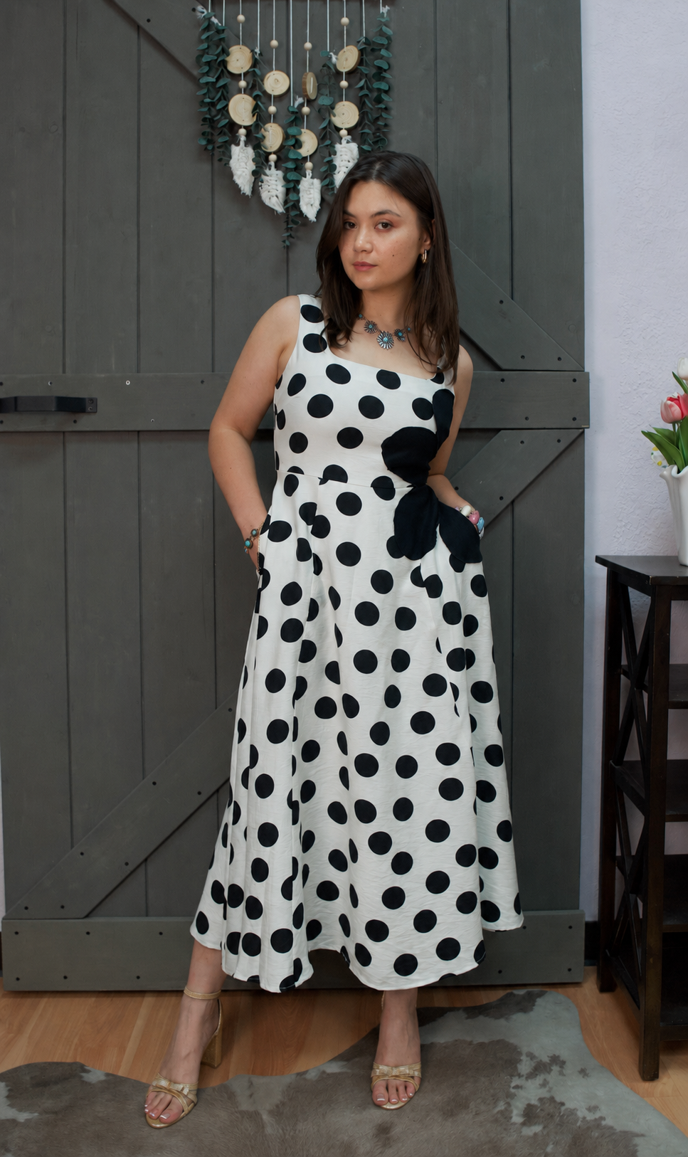 Polka Dot Square Neck Flared Midi Dress