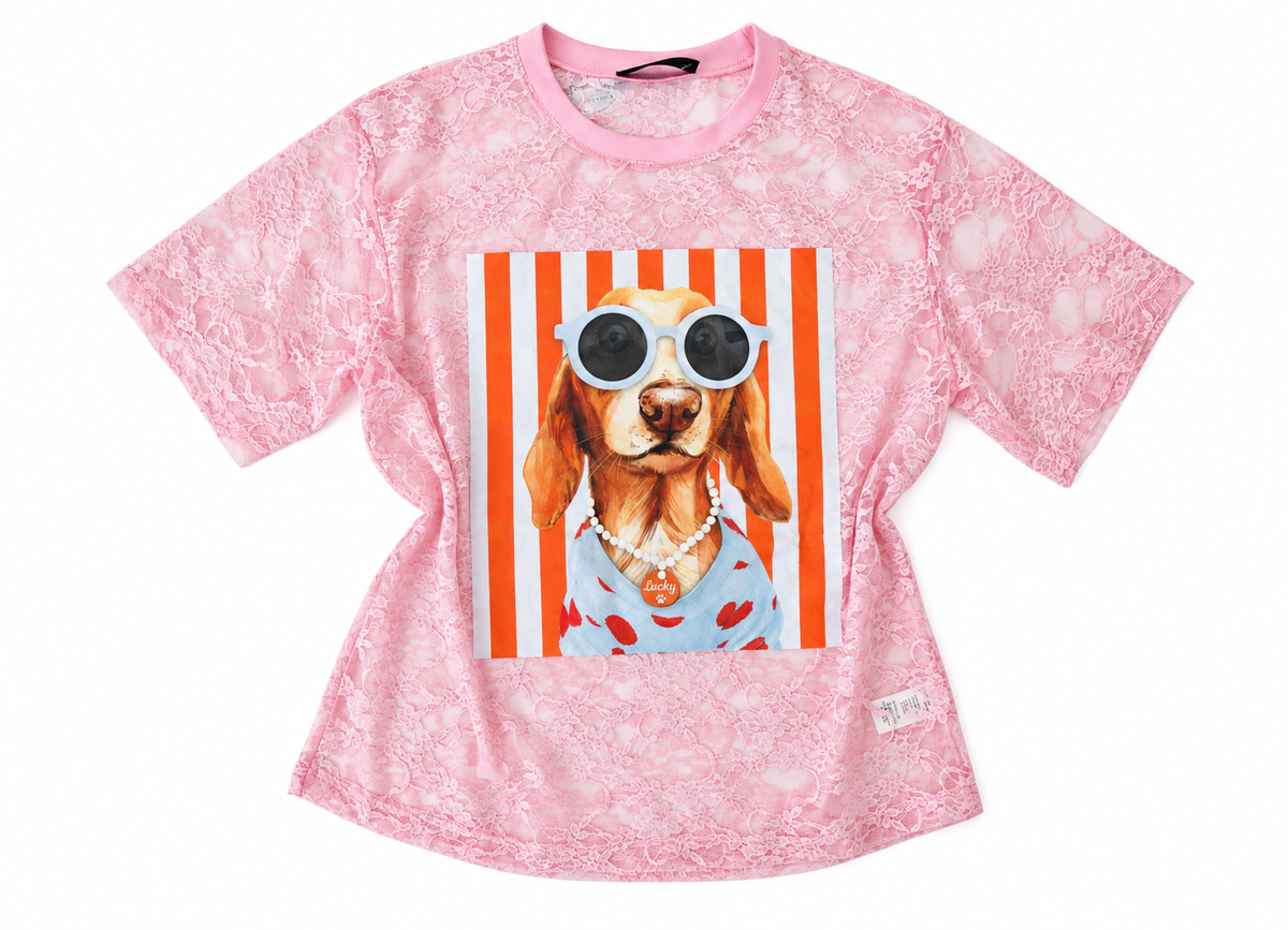 Sonia Lace Strapped Dog Print Oversize T Shirts