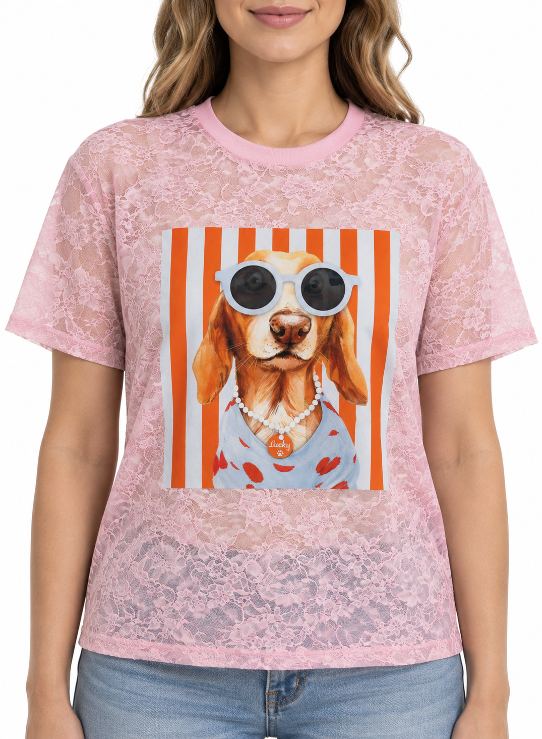 Sonia Lace Strapped Dog Print Oversize T Shirts