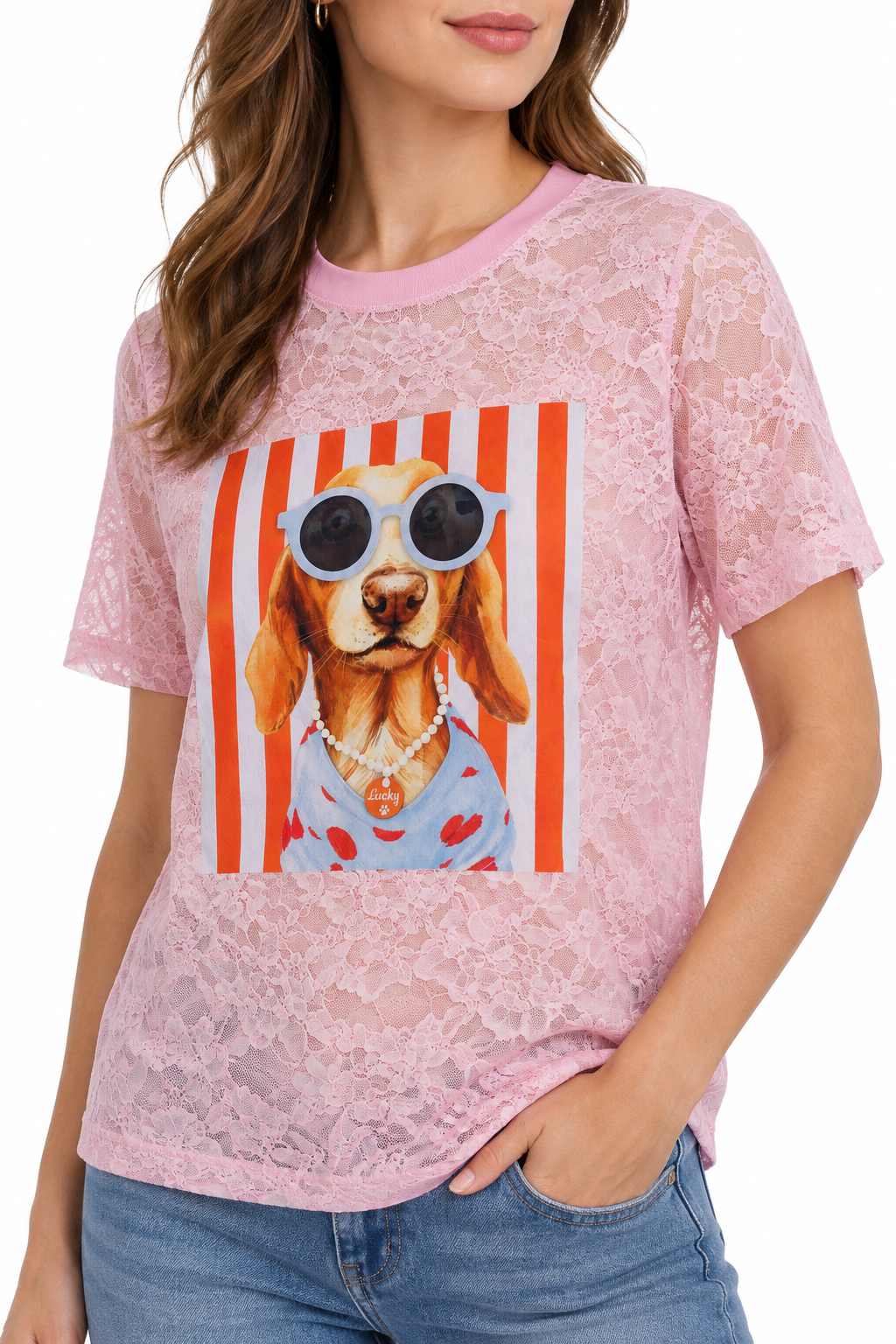 Sonia Lace Strapped Dog Print Oversize T Shirts