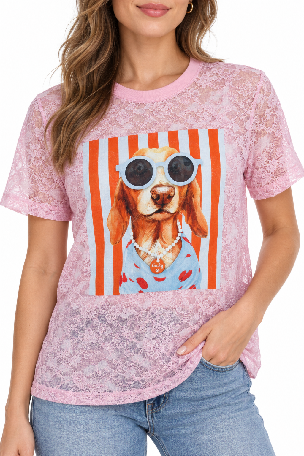 Sonia Lace Strapped Dog Print Oversize T Shirts