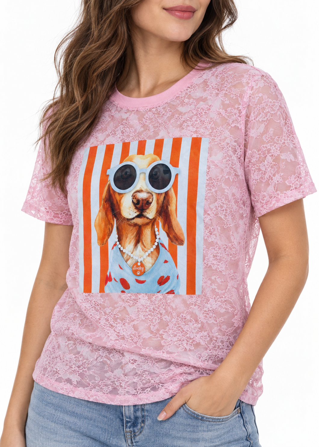 Sonia Lace Strapped Dog Print Oversize T Shirts