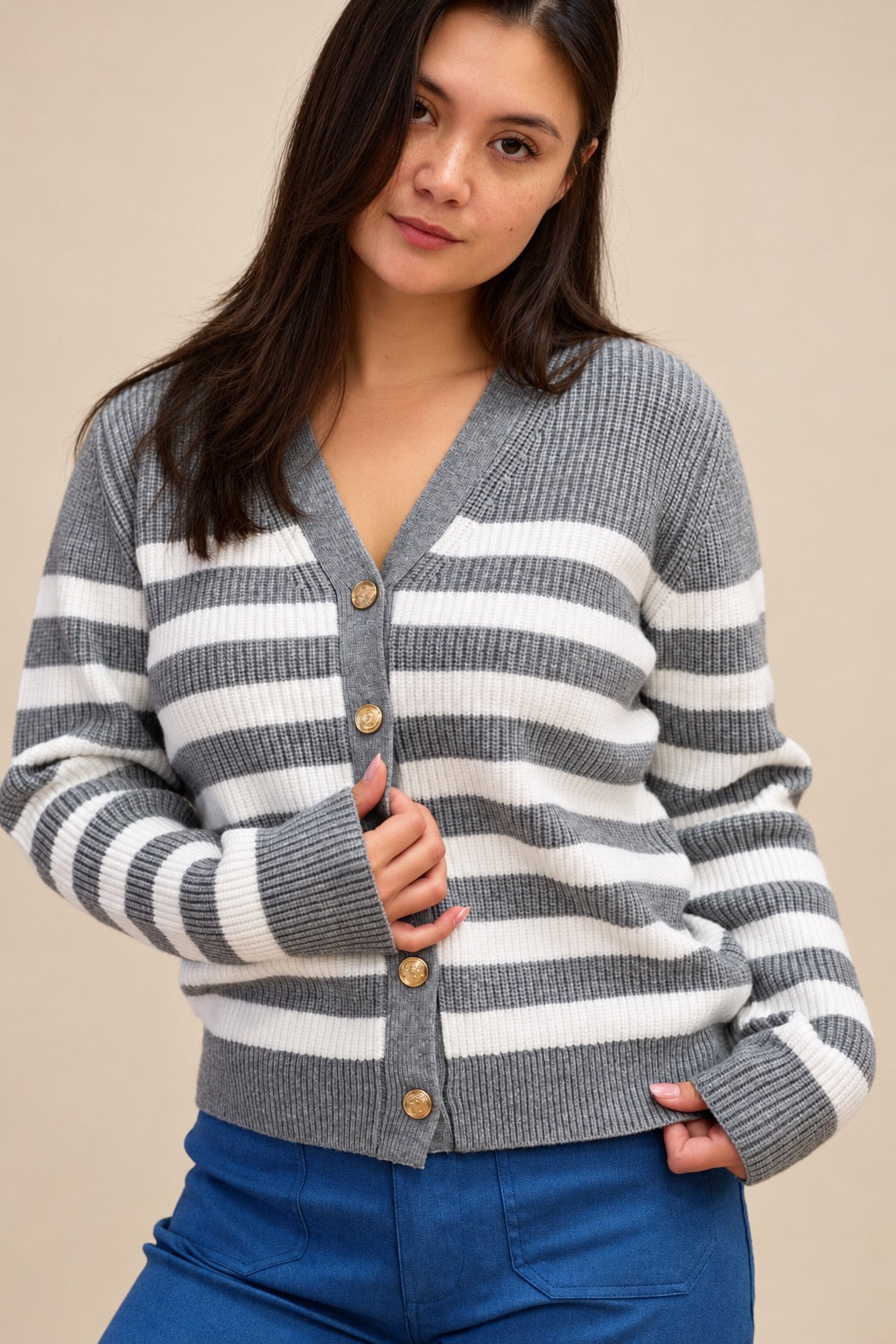Gray Striped Chunky Knit Cardigan