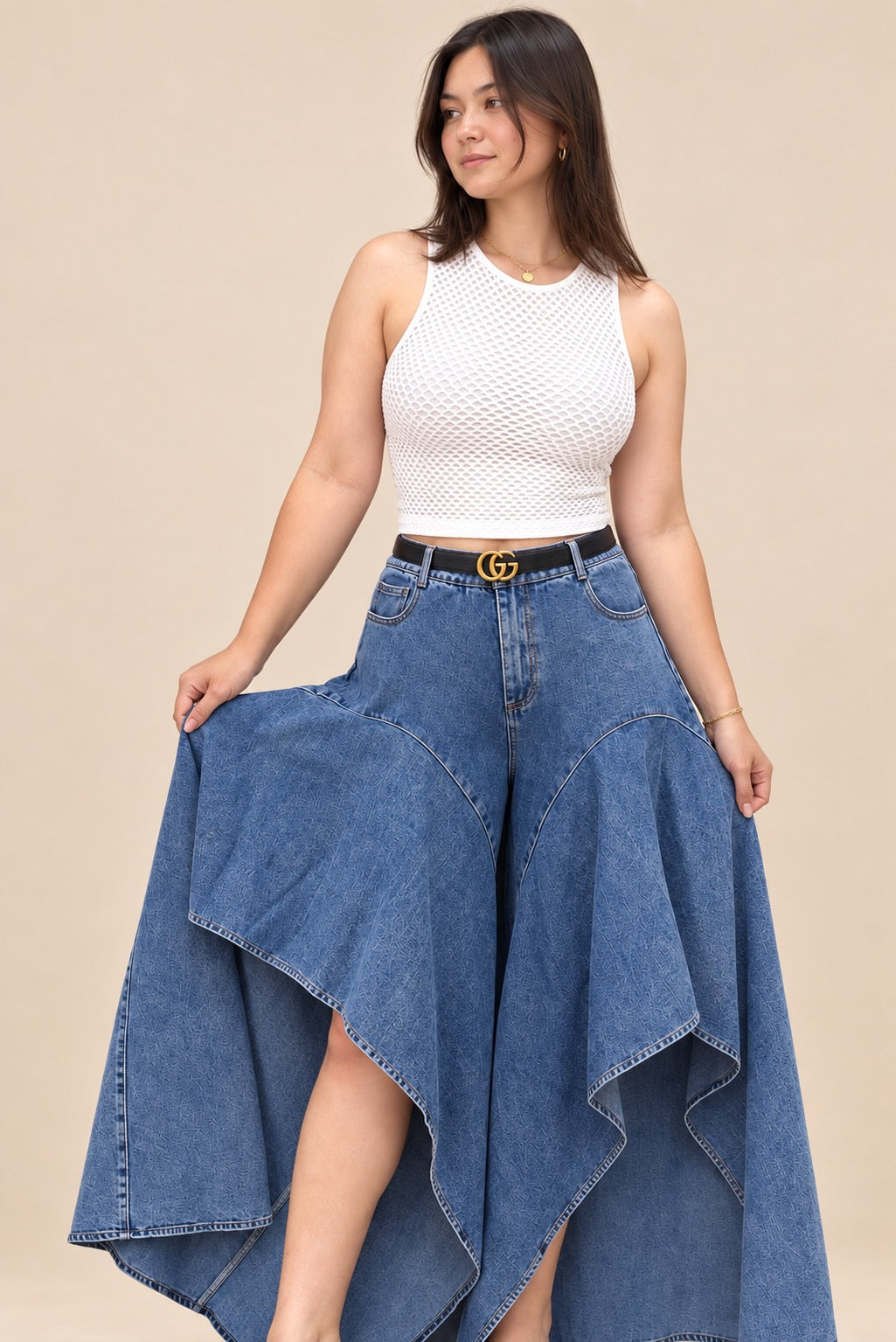 Cascading Denim Maxi Skirt