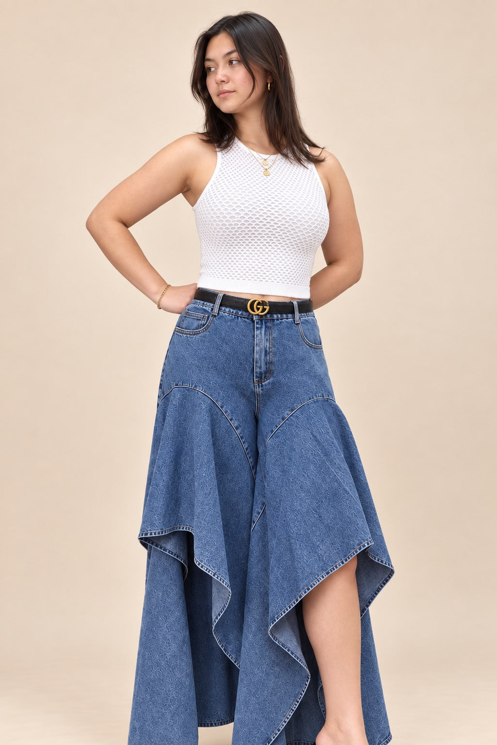 Cascading Denim Maxi Skirt