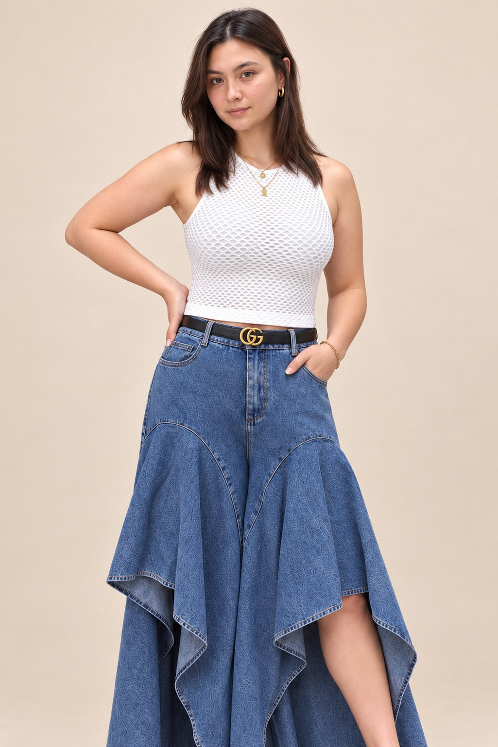Cascading Denim Maxi Skirt