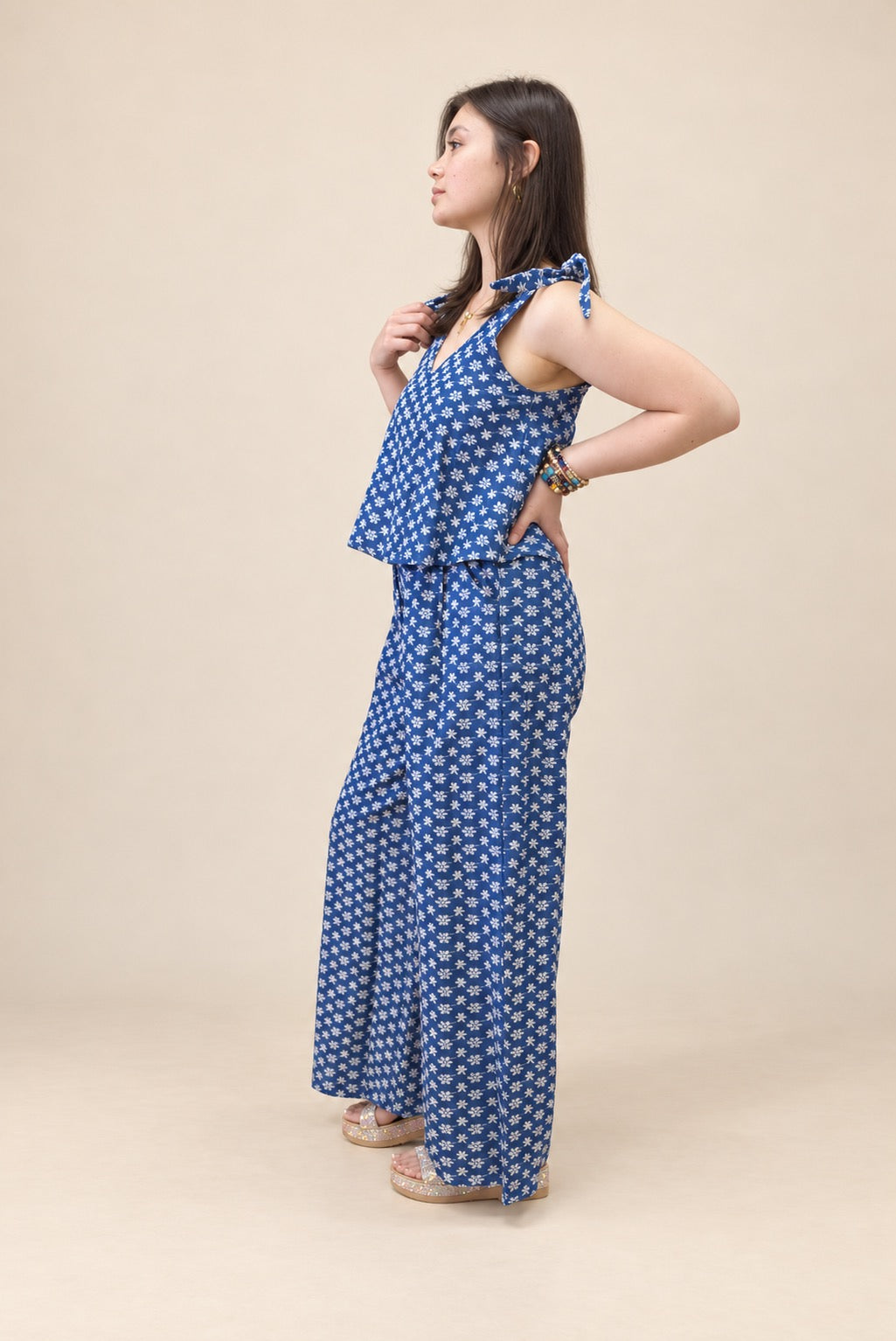 Floral Embroidered Denim Set Illusion Jumpsuit