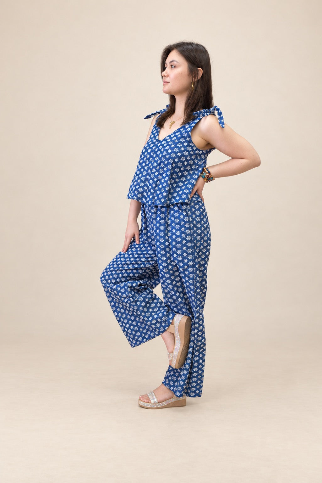 Floral Embroidered Denim Set Illusion Jumpsuit