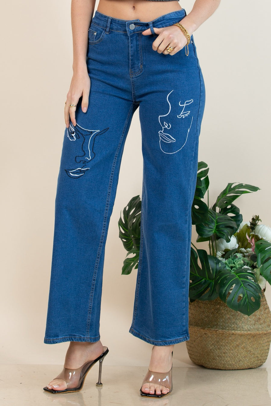 Sydney Face Embroidered Stretch Denim Pants