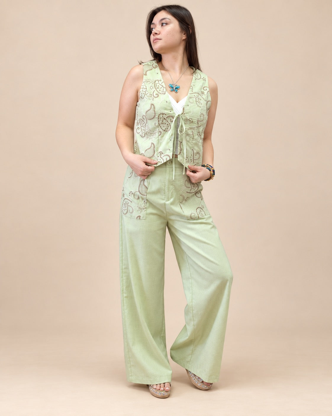 Sage Paisley Vest & Wide-Leg Pants Set