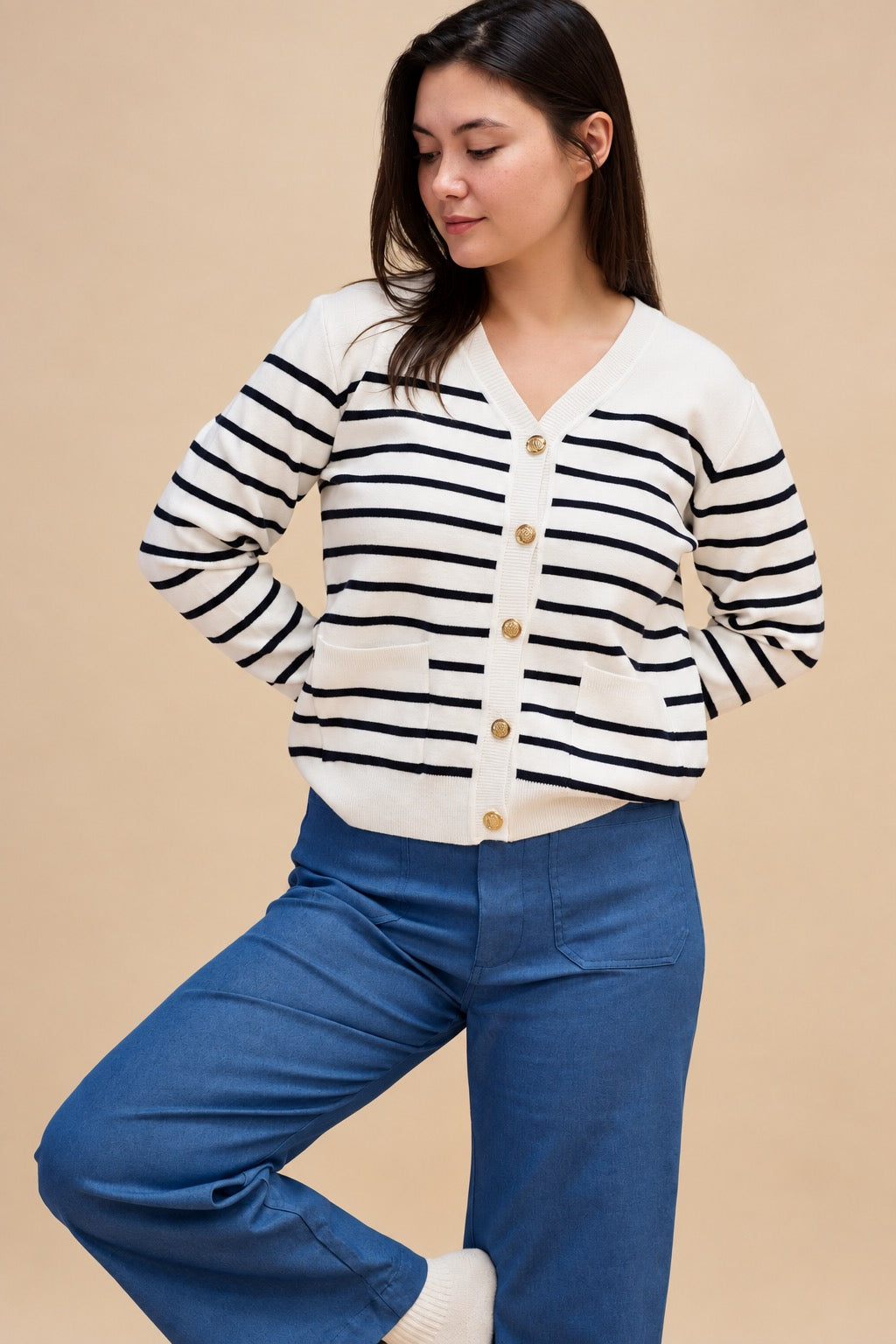 Classic White Striped Knit Cardigan