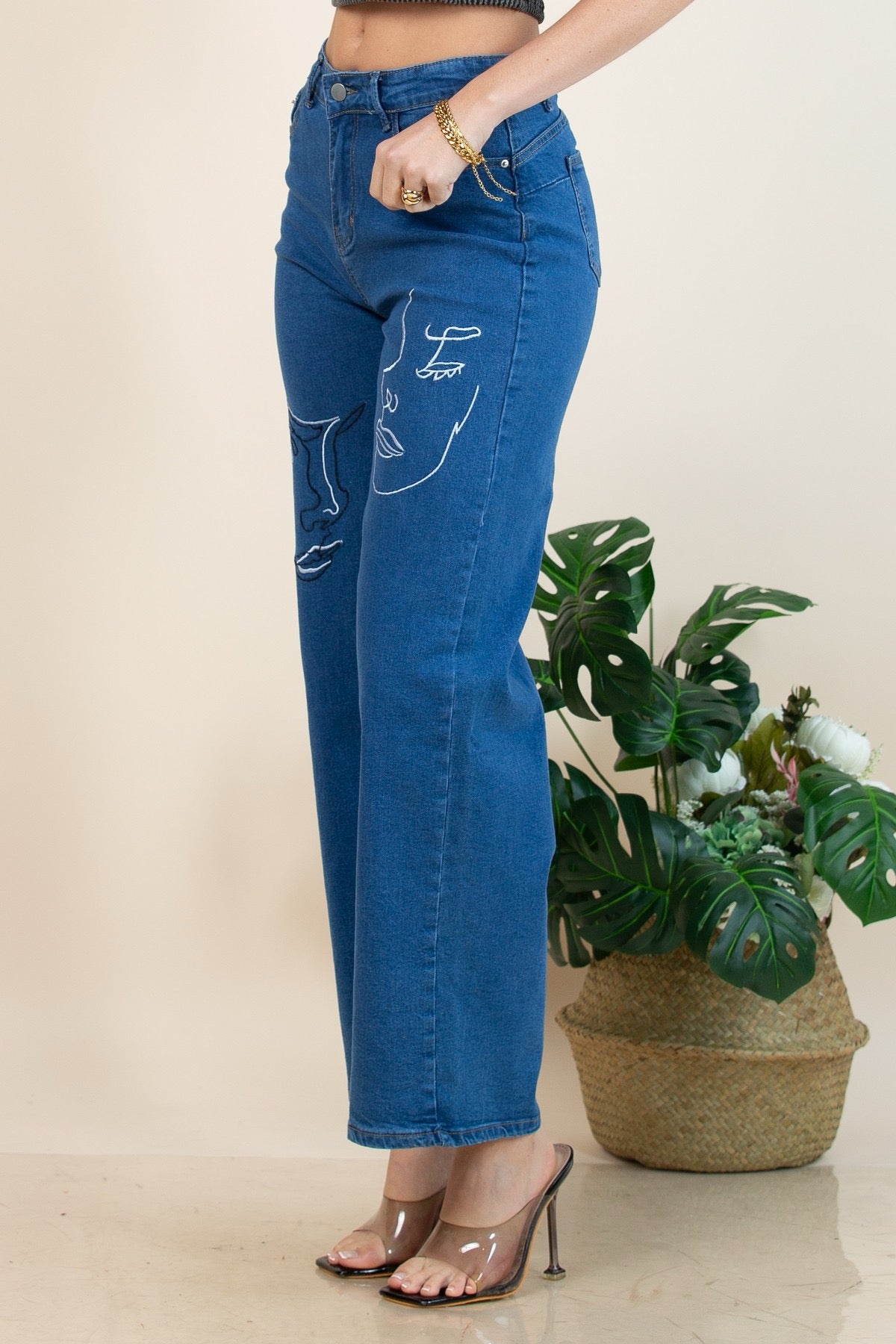 Sydney Face Embroidered Stretch Denim Pants