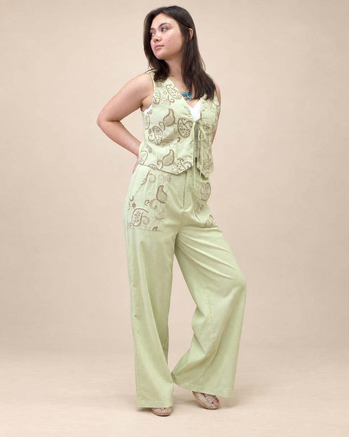 Sage Paisley Vest & Wide-Leg Pants Set