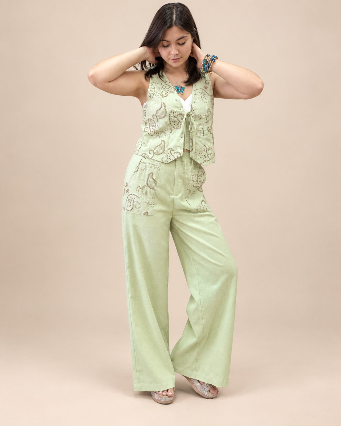 Sage Paisley Vest & Wide-Leg Pants Set