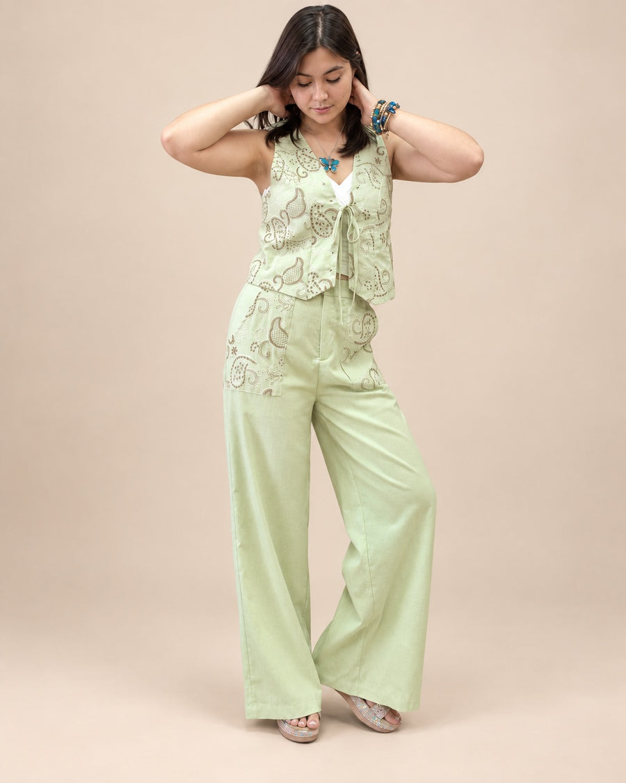 Sage Paisley Vest & Wide-Leg Pants Set