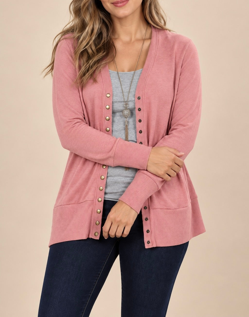 Plus Size Solid Knit V-neck Cardigan