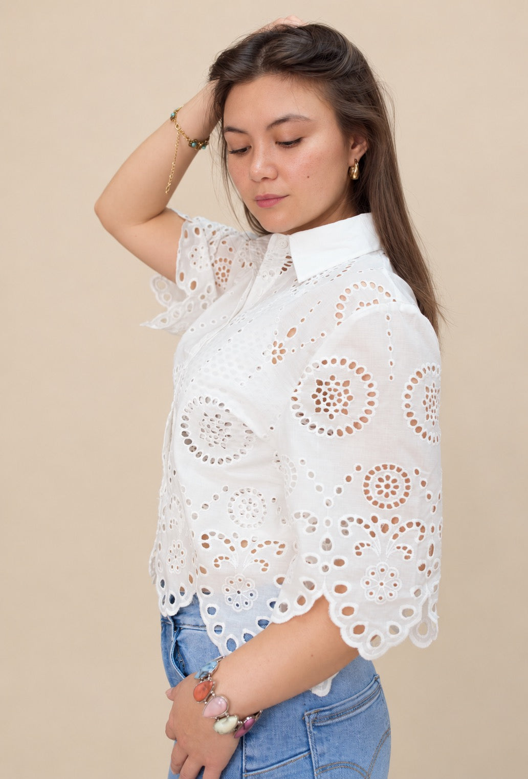Button Down Eyelet Lace Shirts Blouse