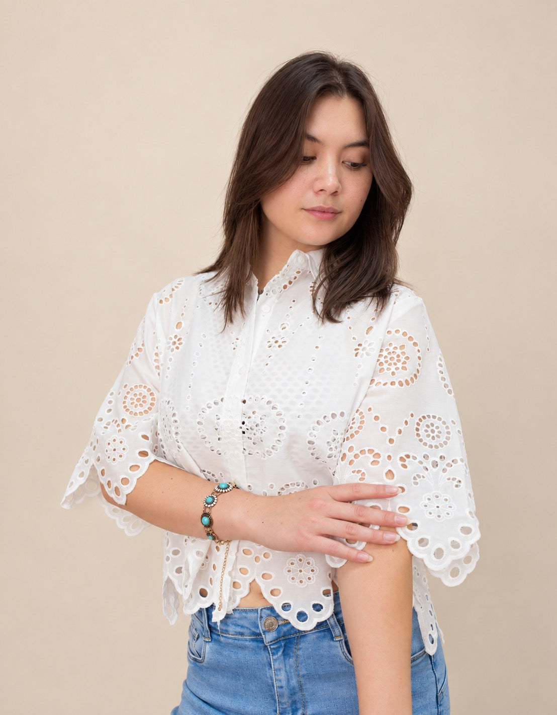 Button Down Eyelet Lace Shirts Blouse