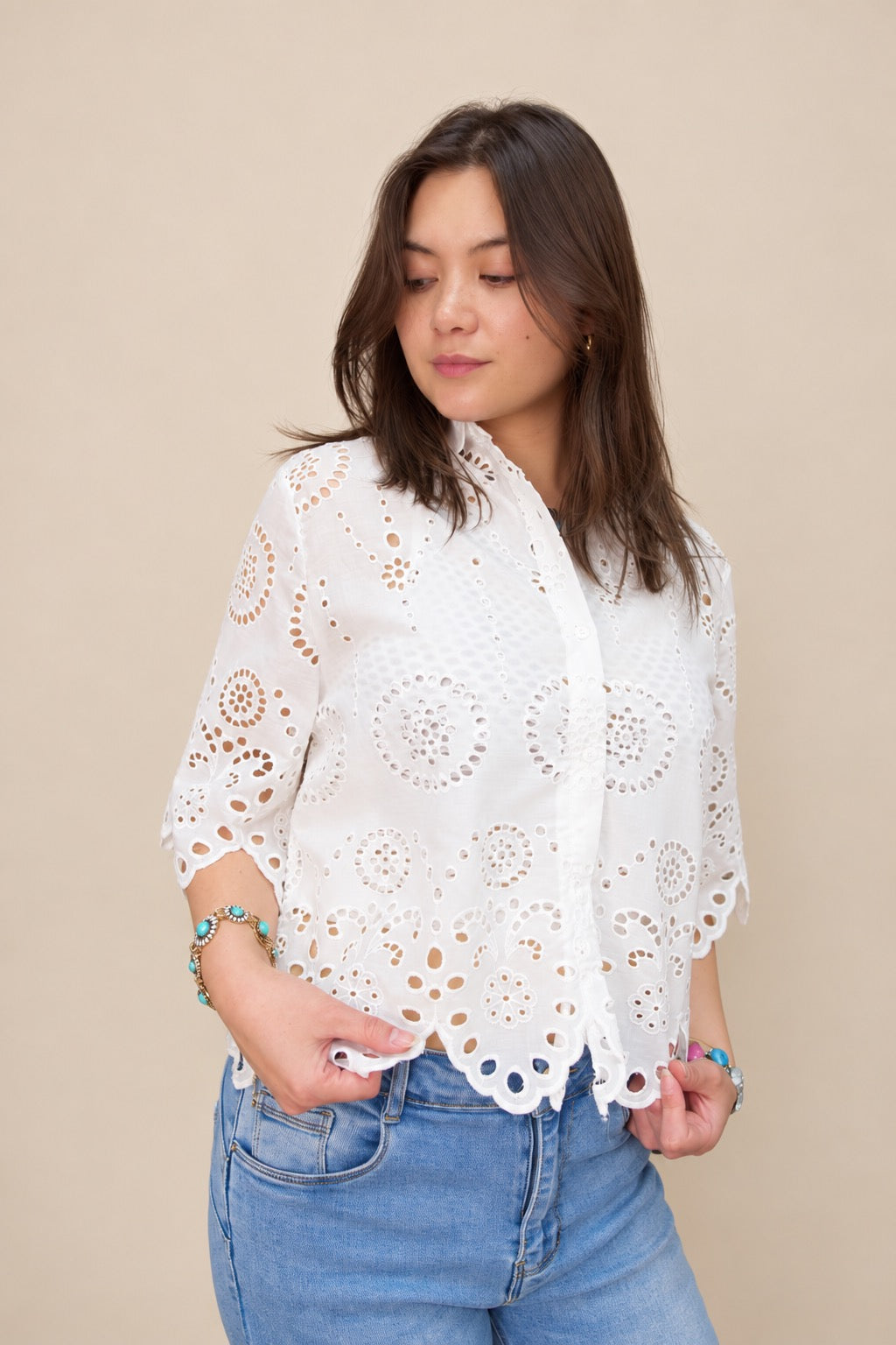 Button Down Eyelet Lace Shirts Blouse