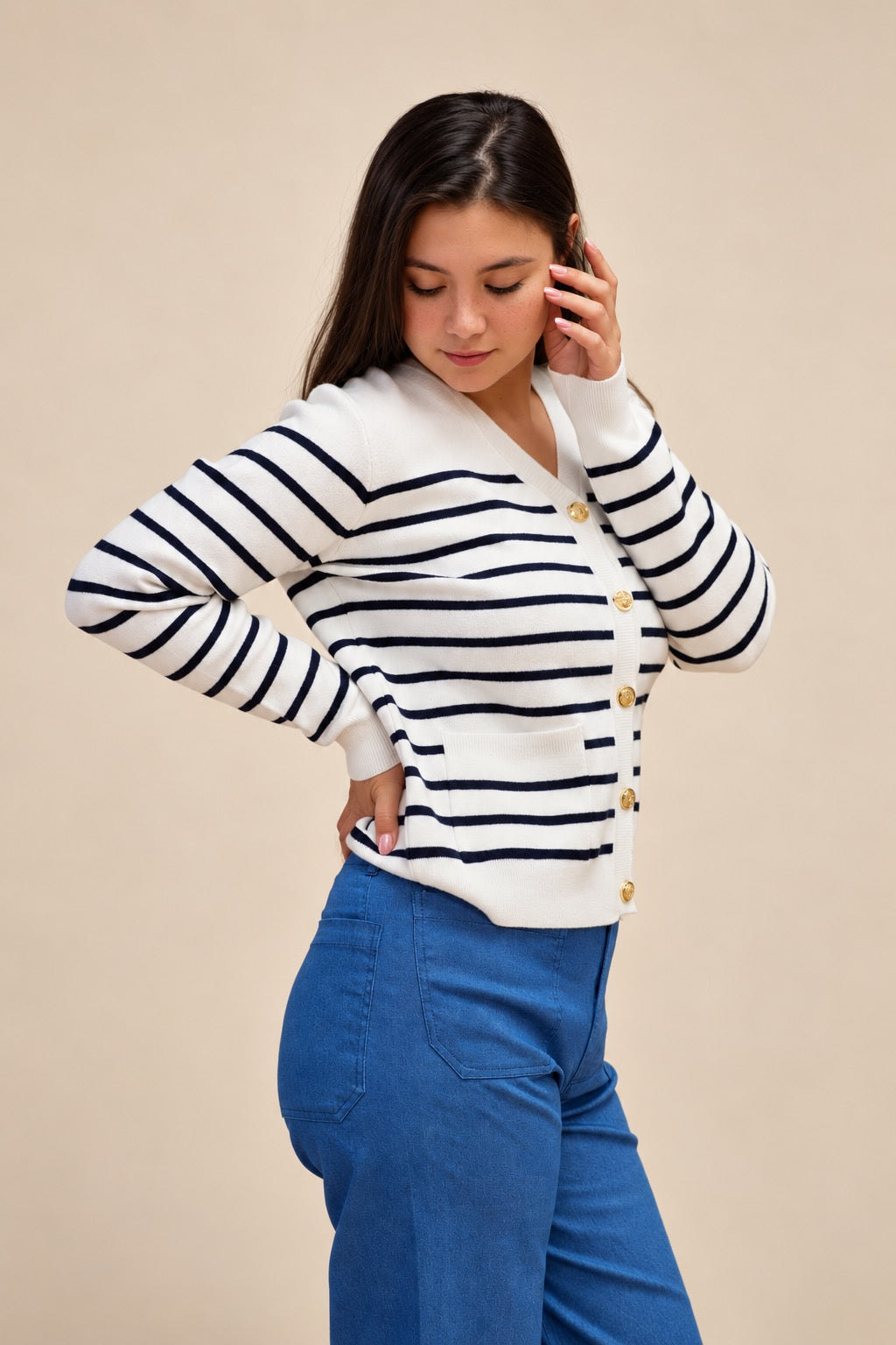 Classic White Striped Knit Cardigan