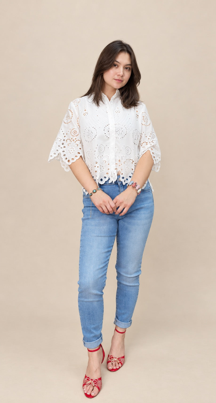 Button Down Eyelet Lace Shirts Blouse