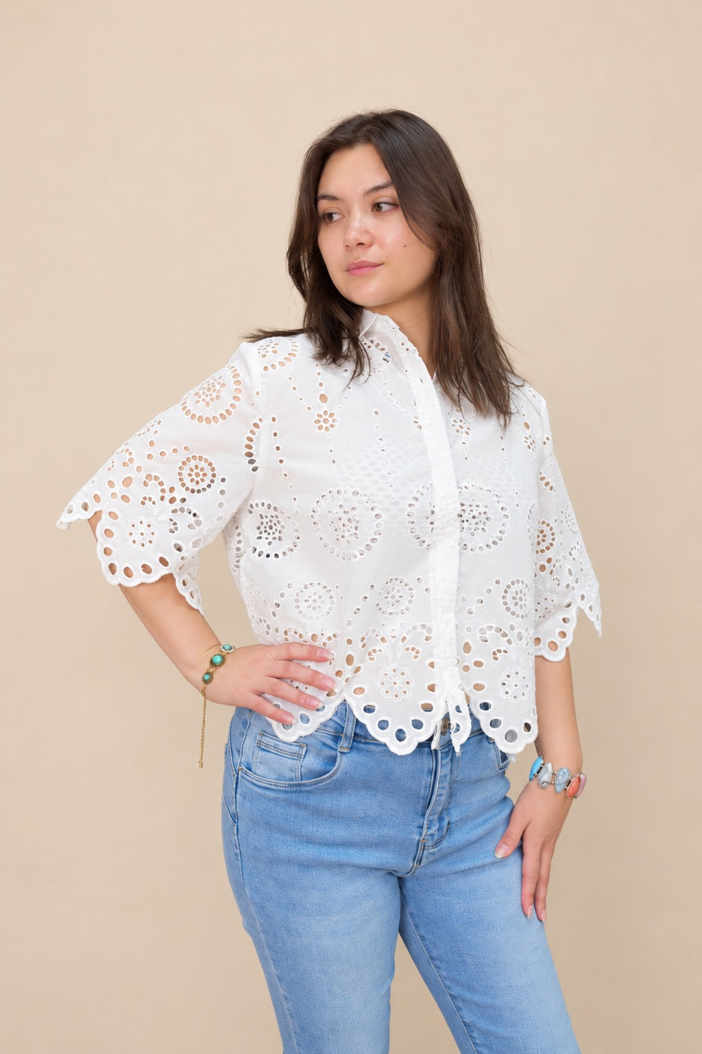 Button Down Eyelet Lace Shirts Blouse