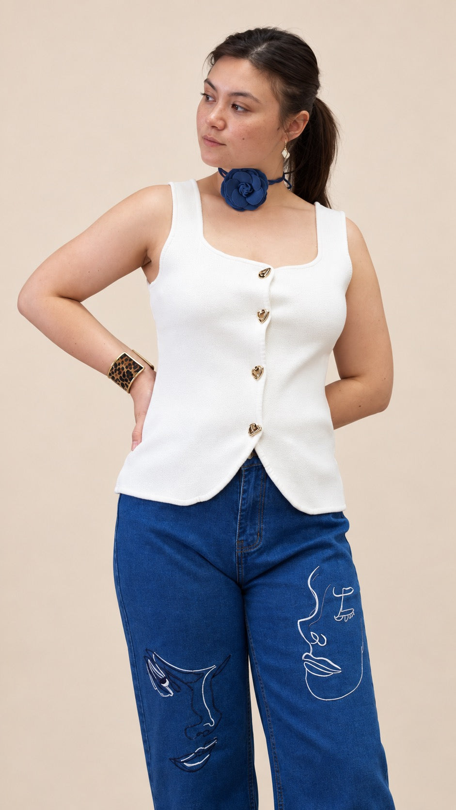Elegant Heart Button Sleeveless Blouse