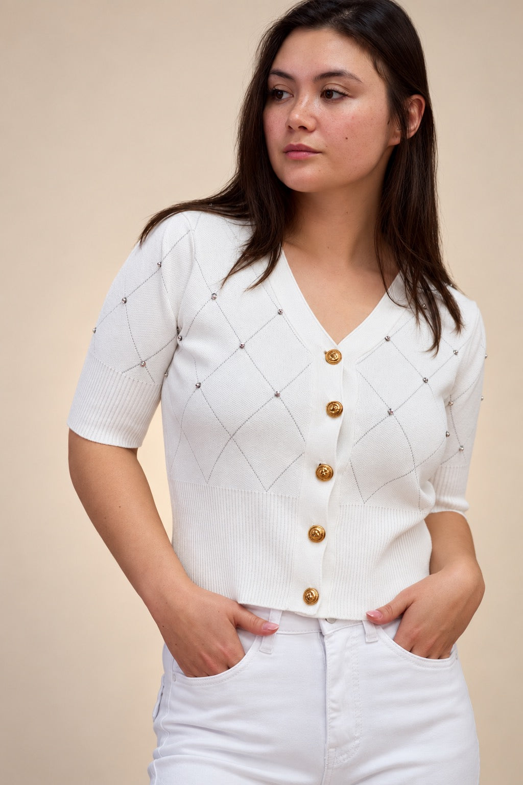 White Diamond Knit Cardigan with Gold Buttons