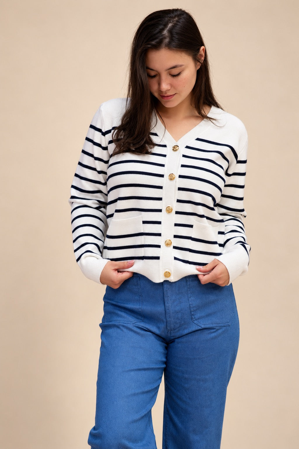 Classic White Striped Knit Cardigan