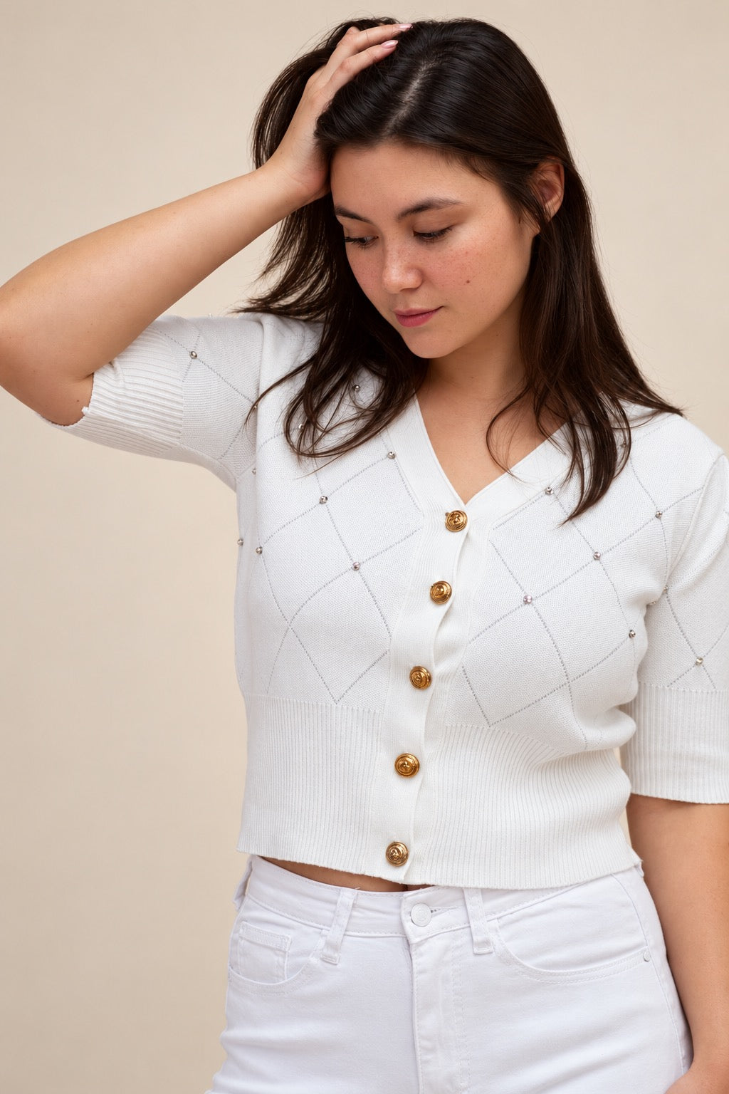 White Diamond Knit Cardigan with Gold Buttons