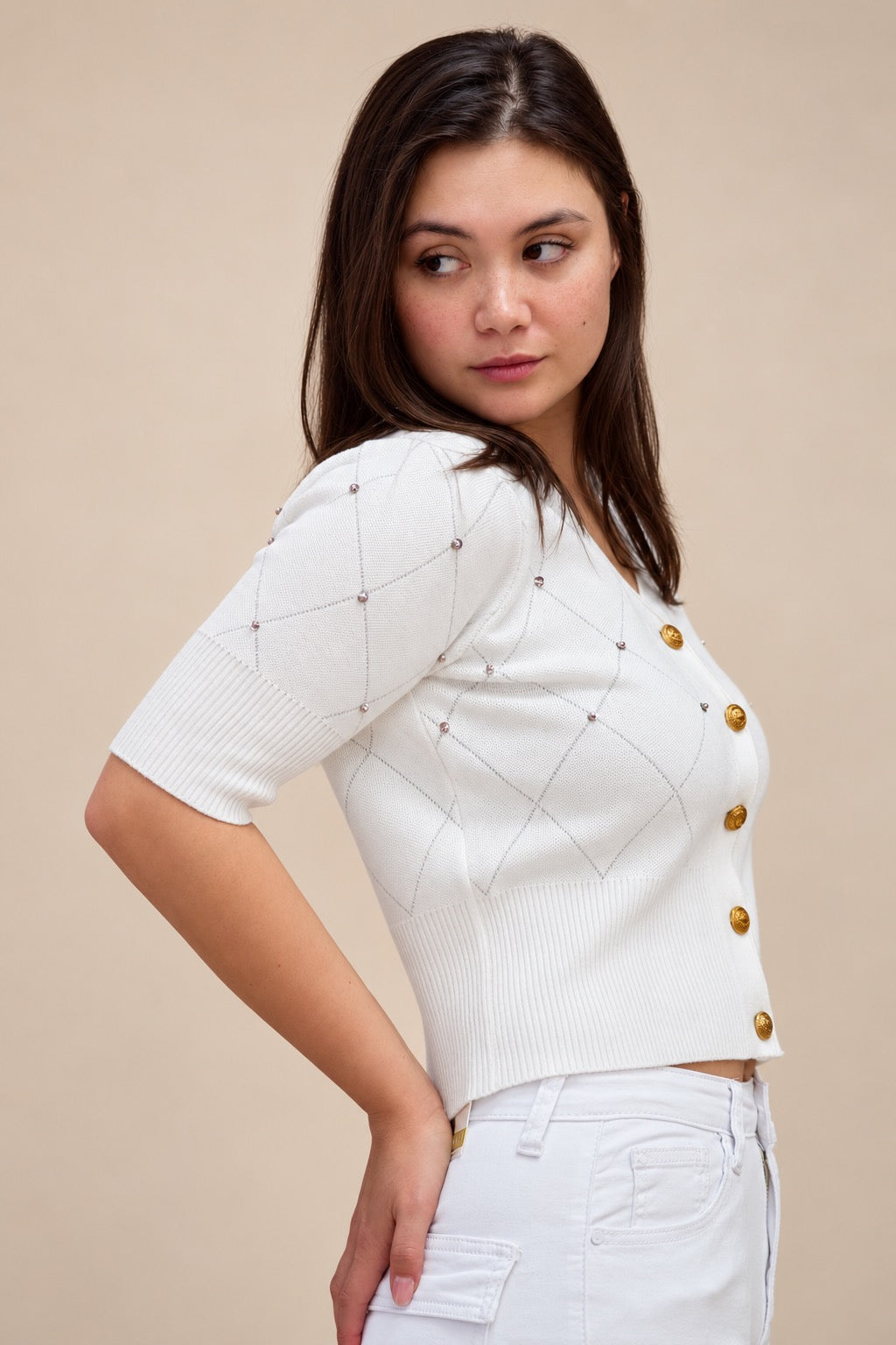 White Diamond Knit Cardigan with Gold Buttons