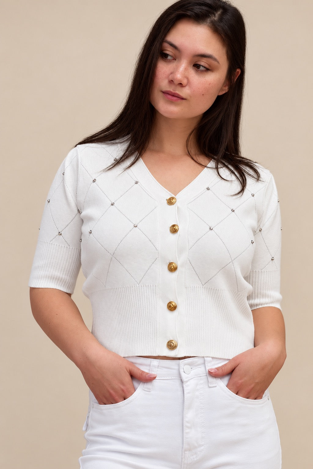 White Diamond Knit Cardigan with Gold Buttons