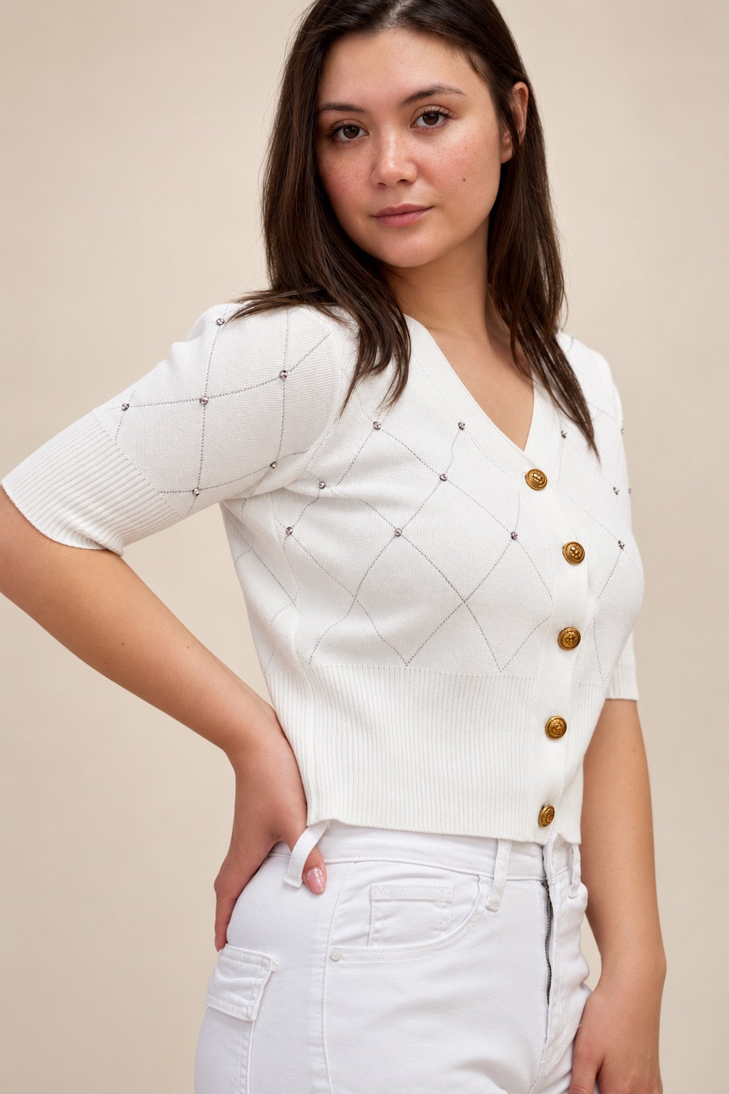 White Diamond Knit Cardigan with Gold Buttons