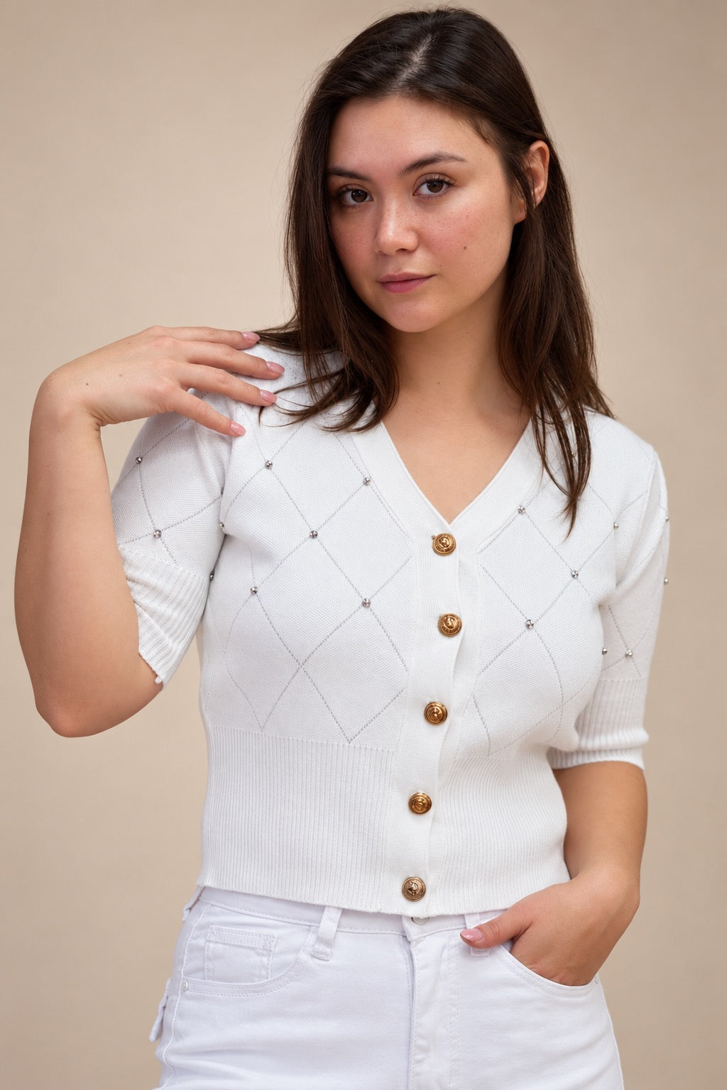 White Diamond Knit Cardigan with Gold Buttons
