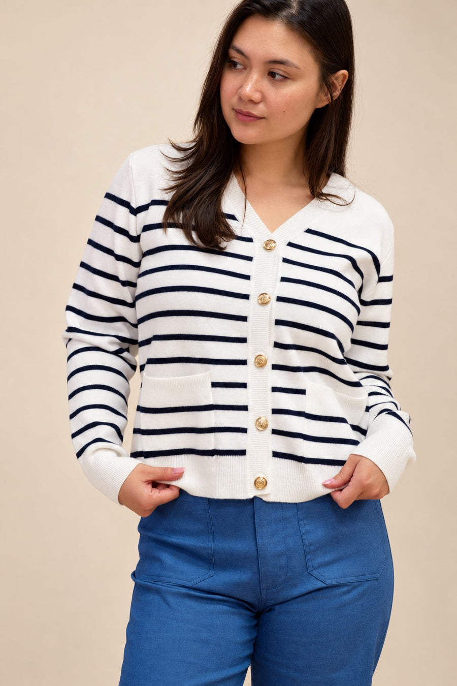 Classic White Striped Knit Cardigan