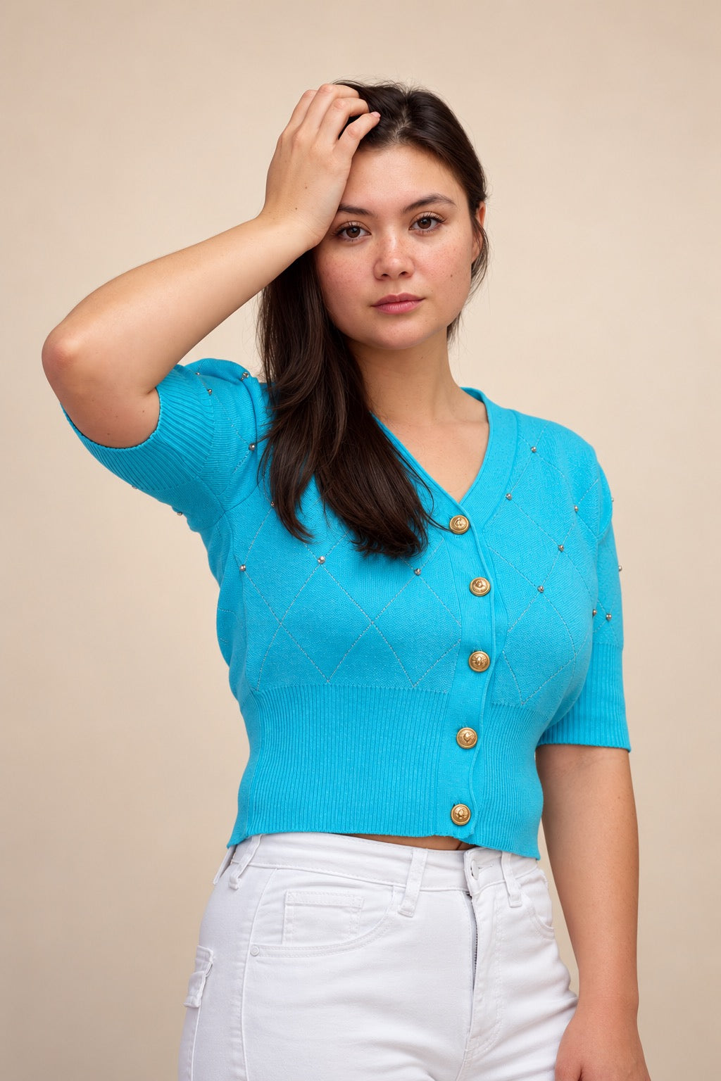 Turquoise Diamond Knit Cardigan with Gold Buttons