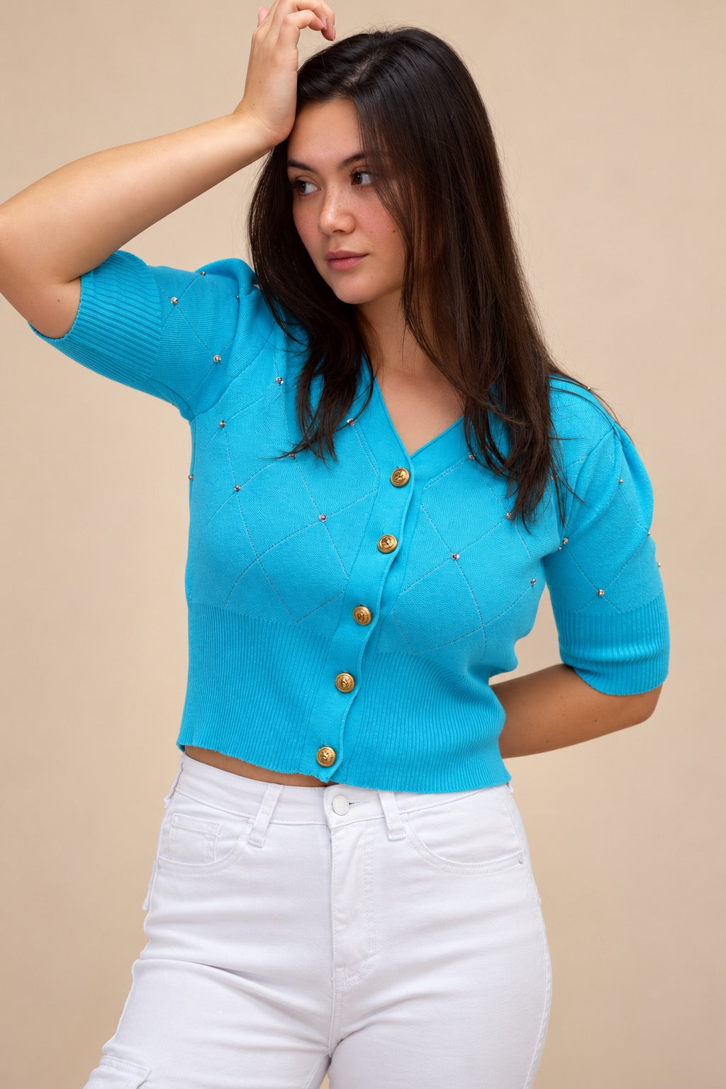 Turquoise Diamond Knit Cardigan with Gold Buttons