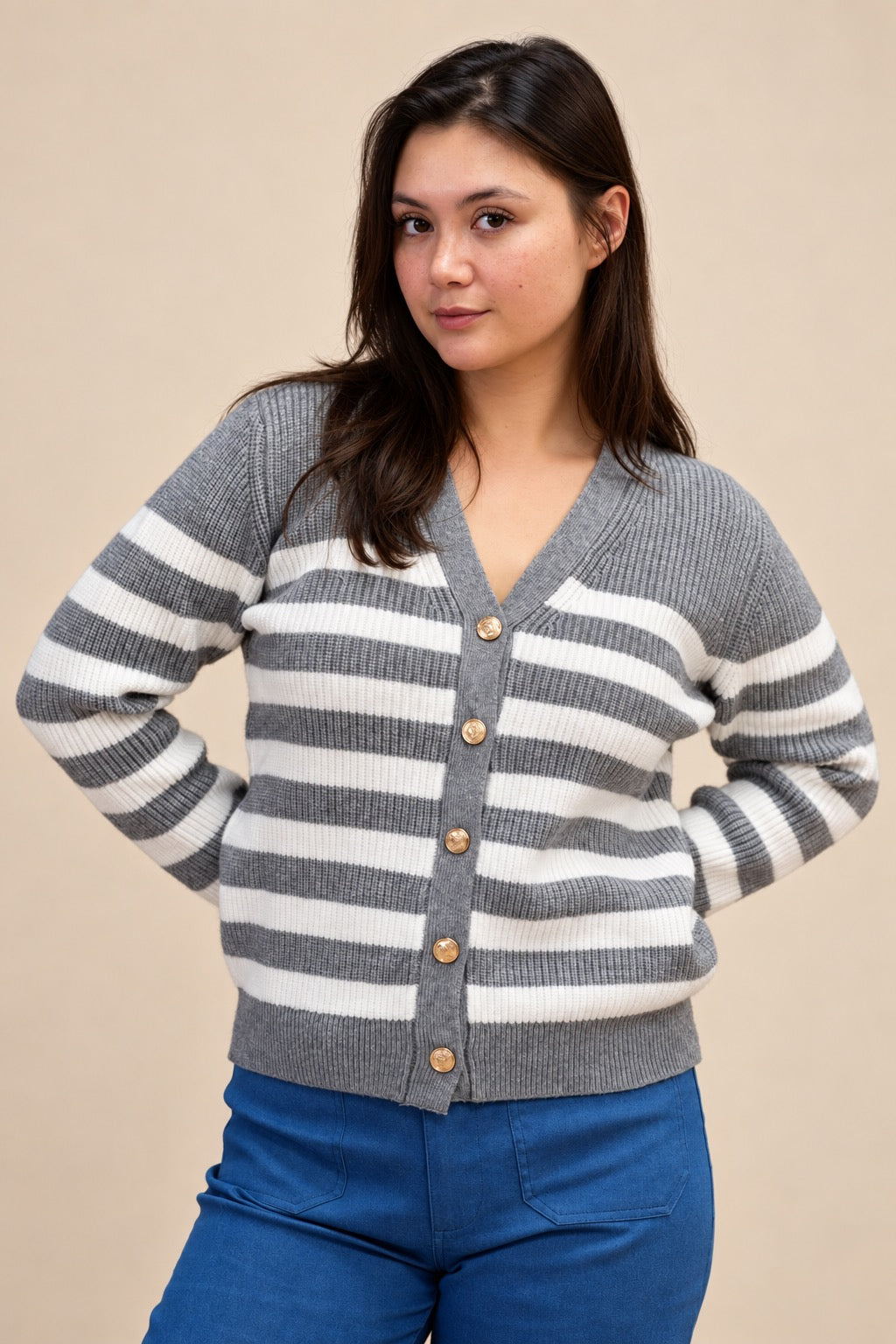 Gray Striped Chunky Knit Cardigan