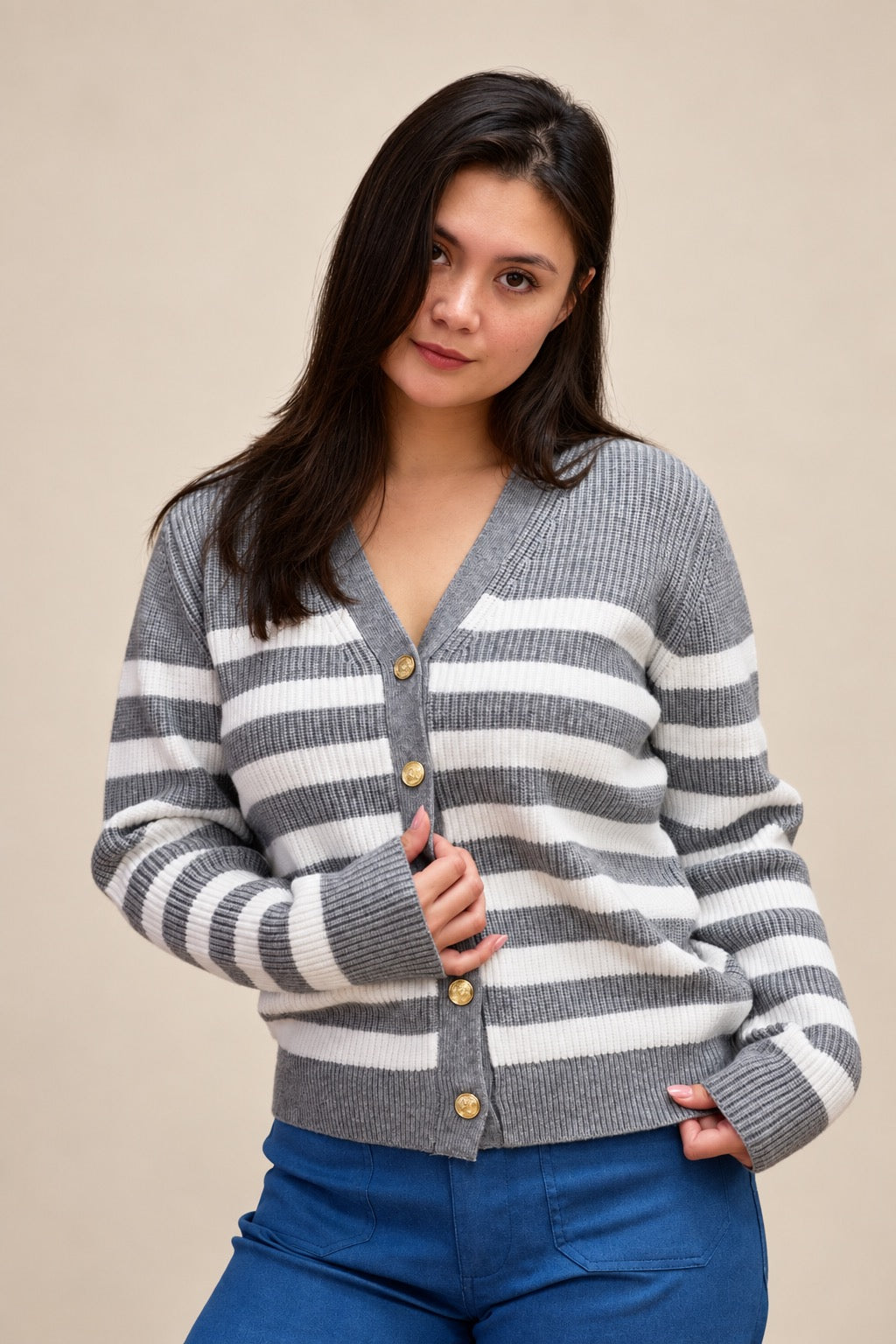 Gray Striped Chunky Knit Cardigan