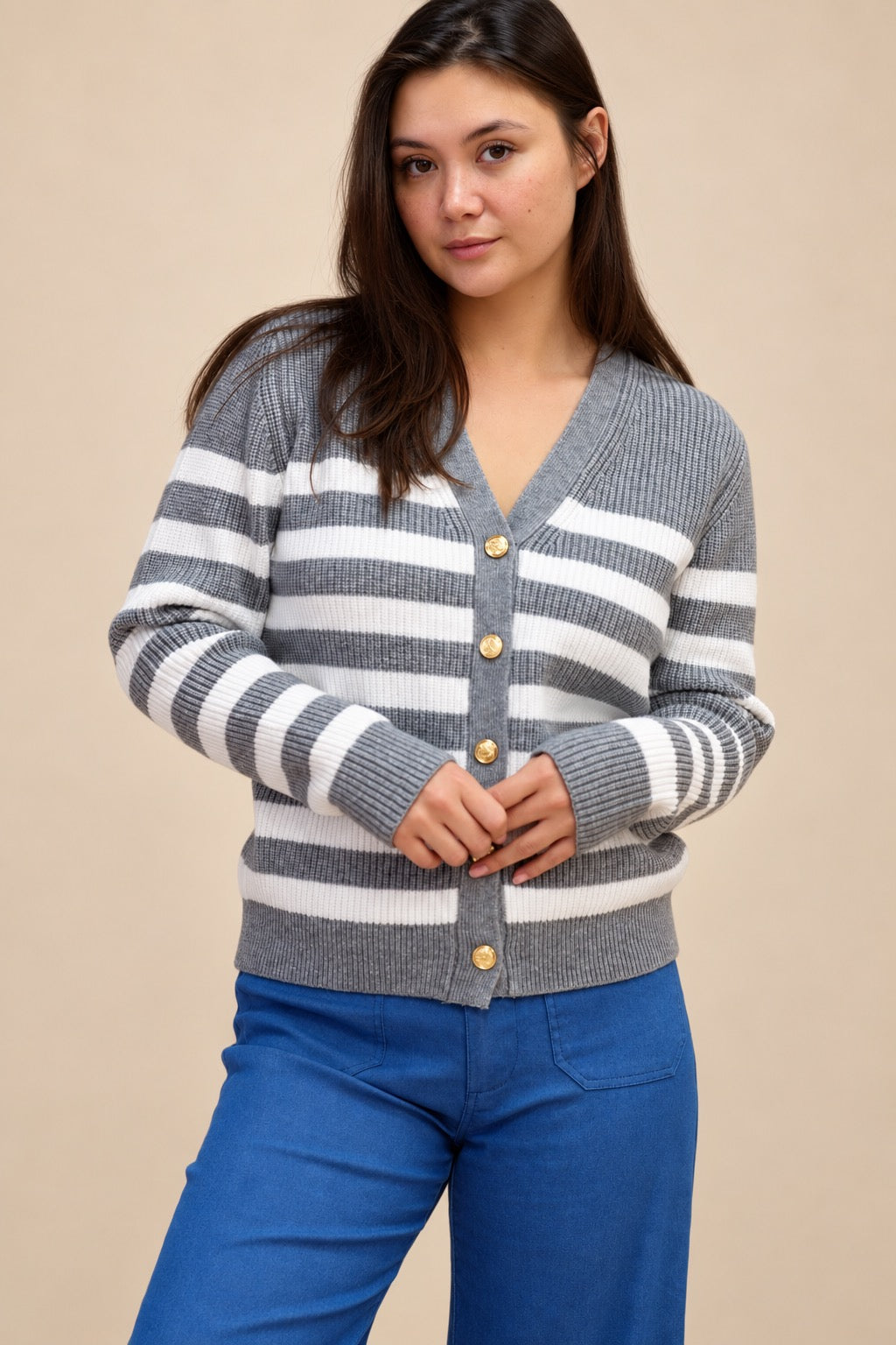 Gray Striped Chunky Knit Cardigan