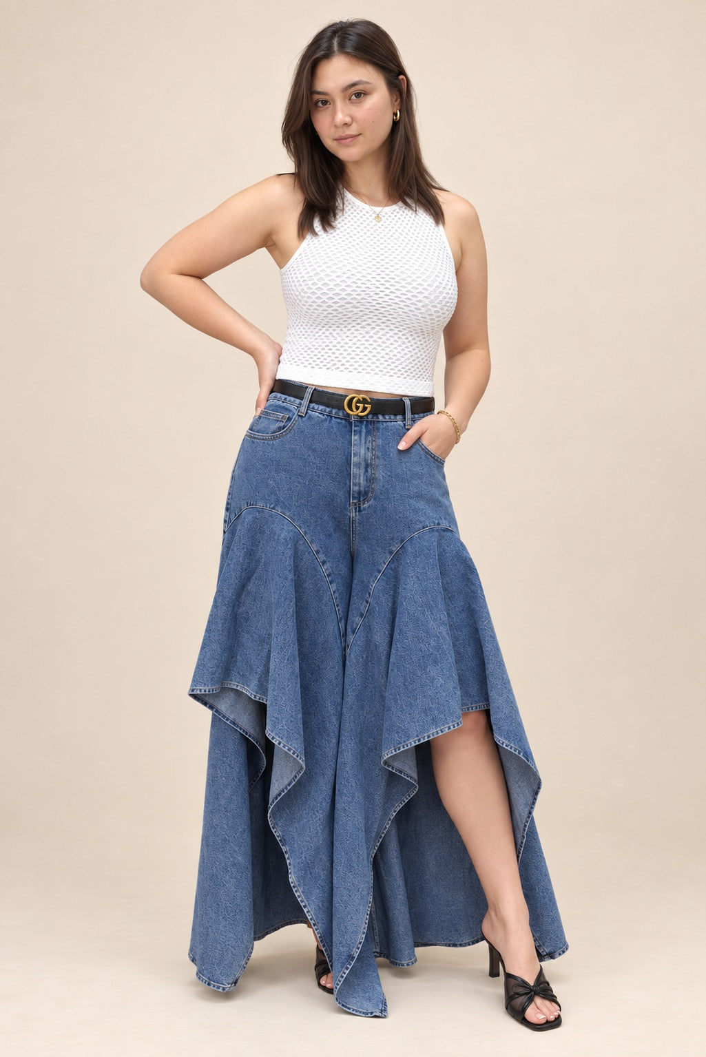Cascading Denim Maxi Skirt