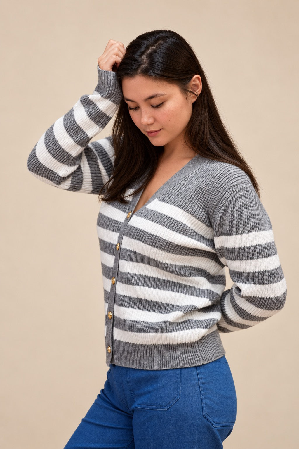 Gray Striped Chunky Knit Cardigan