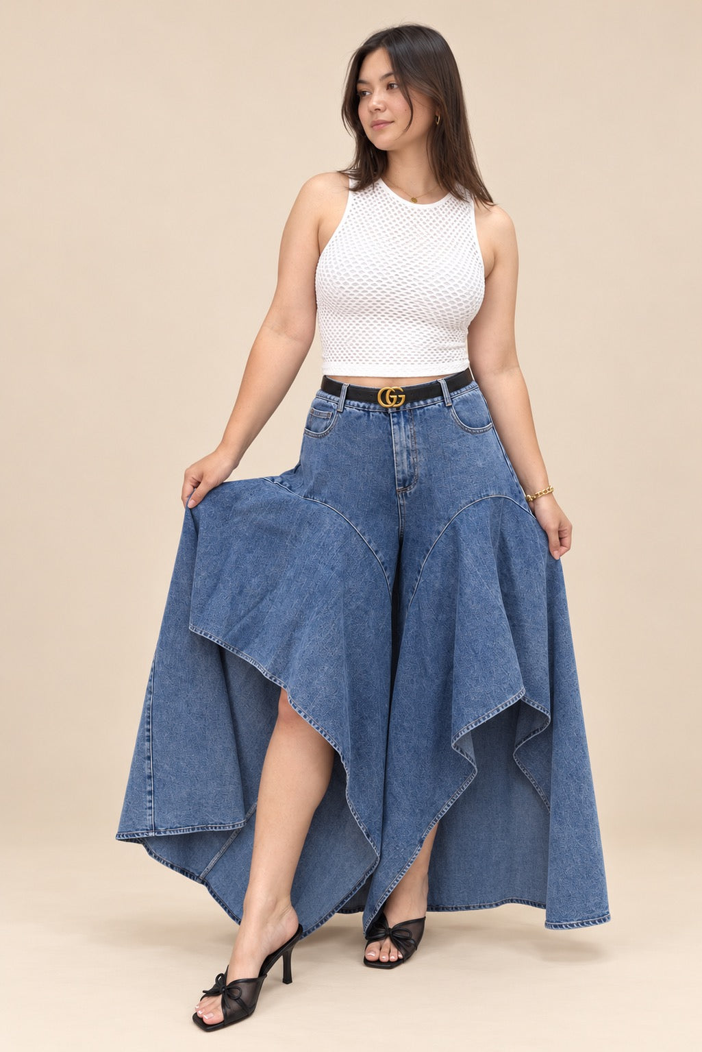 Cascading Denim Maxi Skirt