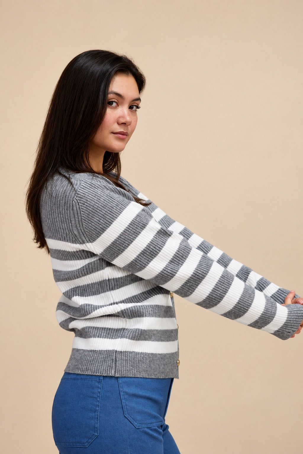 Gray Striped Chunky Knit Cardigan