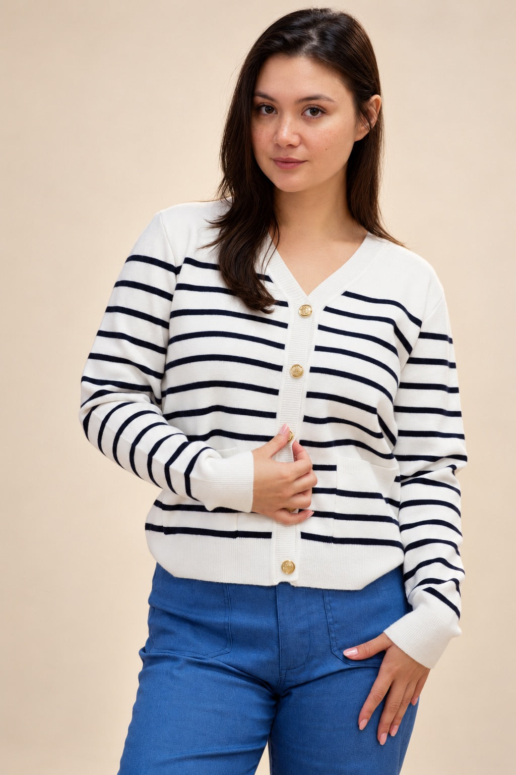 Classic White Striped Knit Cardigan