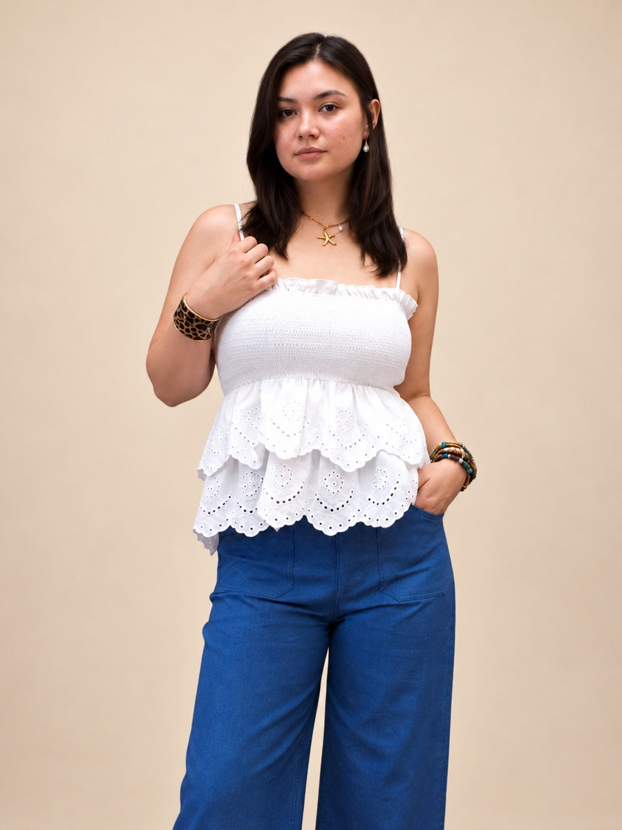 Ruffled & Embroidered Hem Cami Top