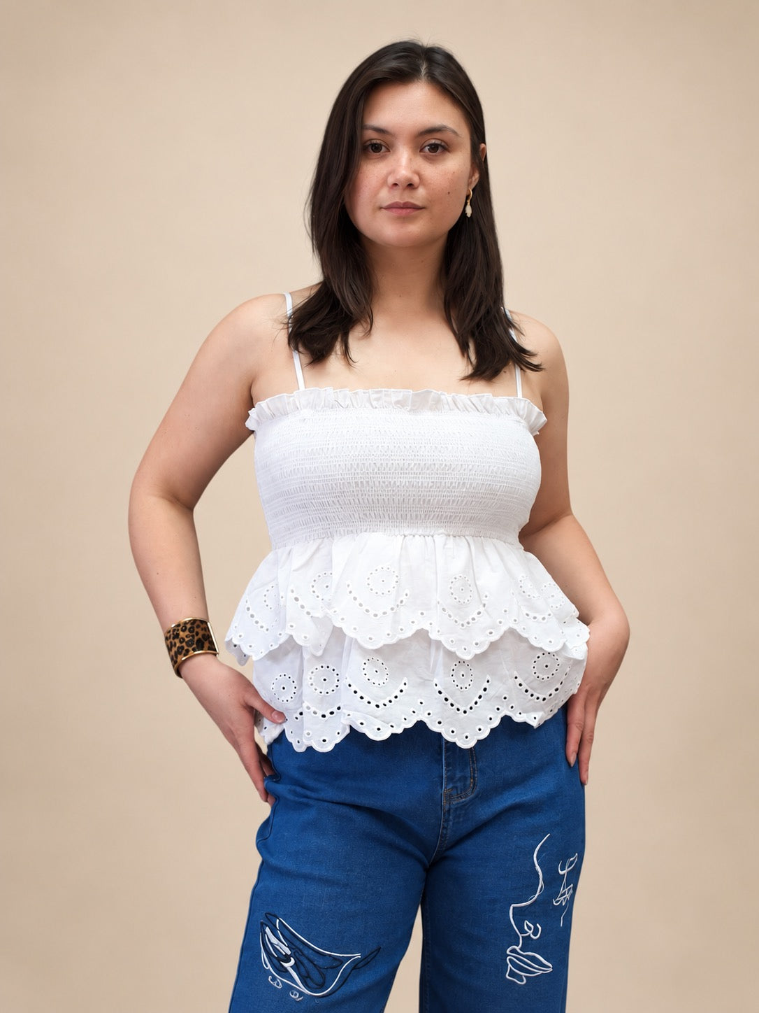 Ruffled & Embroidered Hem Cami Top