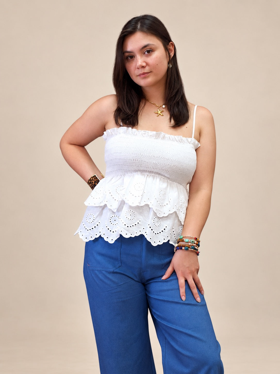 Ruffled & Embroidered Hem Cami Top